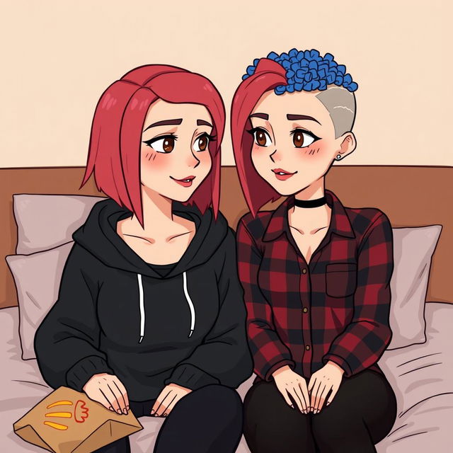 A cute animated style illustration of two women sitting on a bed