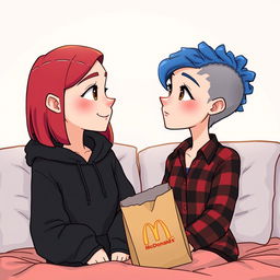 A cute animated style illustration of two women sitting on a bed