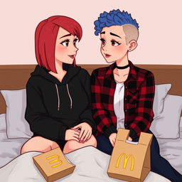 A cute animated style illustration of two women sitting on a bed