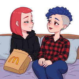 A cute animated style illustration of two women sitting on a bed