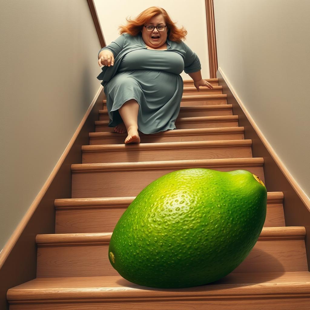 A realistic feminine avocado lying face down on a flight of stairs, showcasing its vibrant green texture and distinct shape