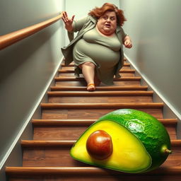 A realistic feminine avocado lying face down on a flight of stairs, showcasing its vibrant green texture and distinct shape