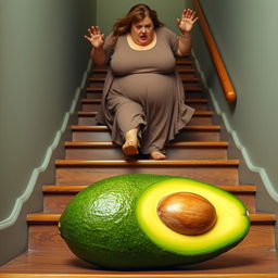 A realistic feminine avocado lying face down on a flight of stairs, showcasing its vibrant green texture and distinct shape