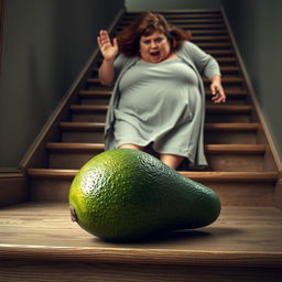 A realistic feminine avocado lying face down on a flight of stairs, showcasing its vibrant green texture and distinct shape