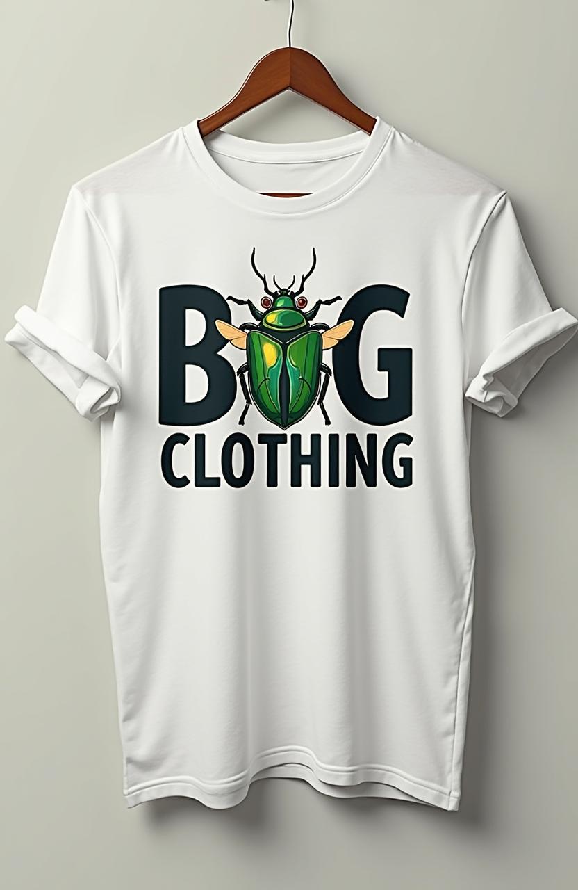 A modern and vibrant clothing logo for a brand named "Bug Clothing" displayed on a stylish t-shirt