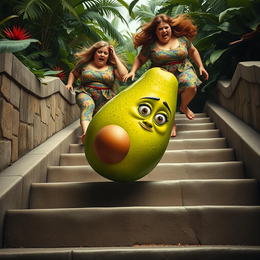 A realistic feminine avocado tripping on a flight of stone stairs, capturing its vibrant green color and unique shape as it tumbles