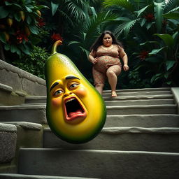 A realistic feminine avocado tripping on a flight of stone stairs, capturing its vibrant green color and unique shape as it tumbles