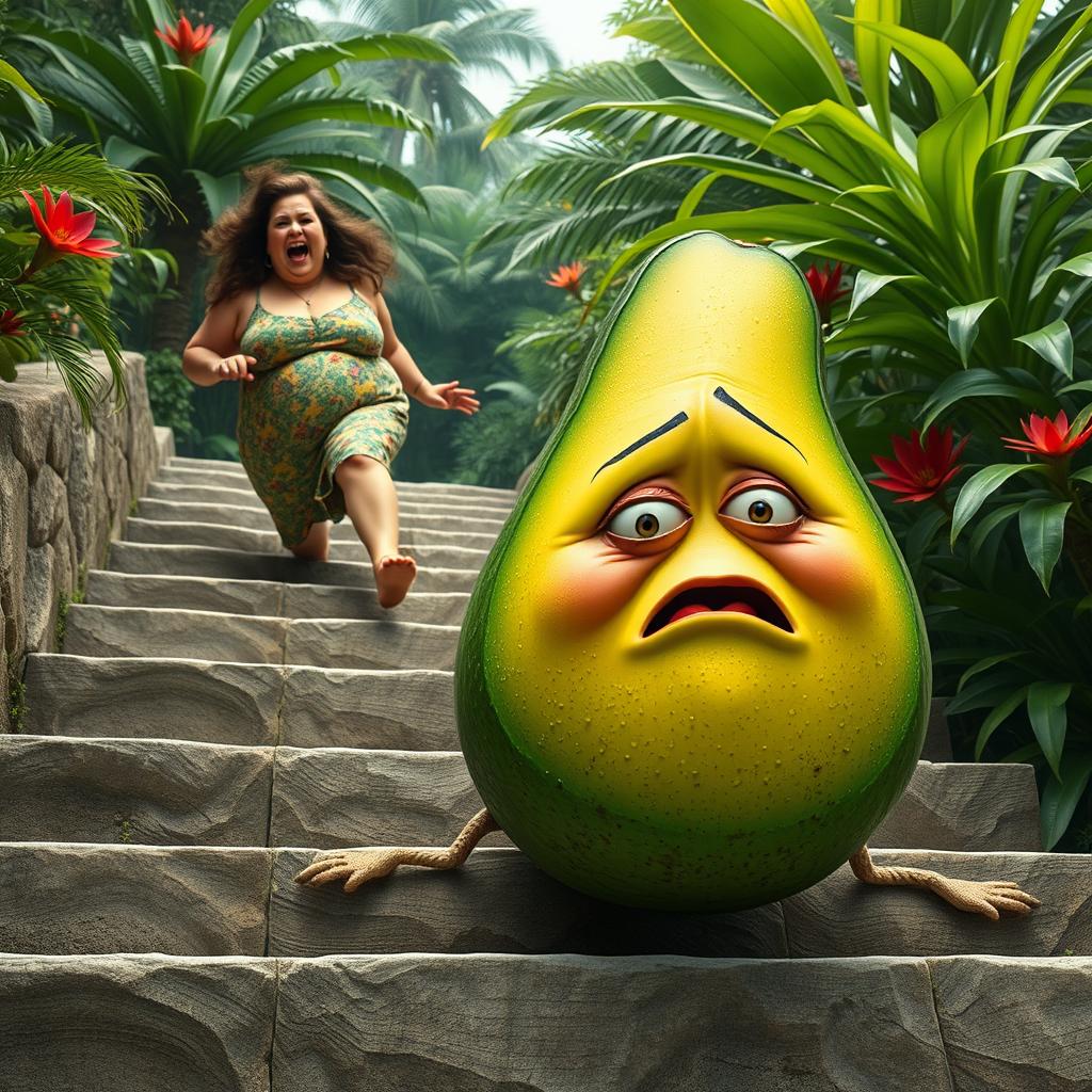 A realistic feminine avocado tripping on a flight of stone stairs, capturing its vibrant green color and unique shape as it tumbles