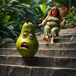 A realistic feminine avocado tripping on a flight of stone stairs, capturing its vibrant green color and unique shape as it tumbles