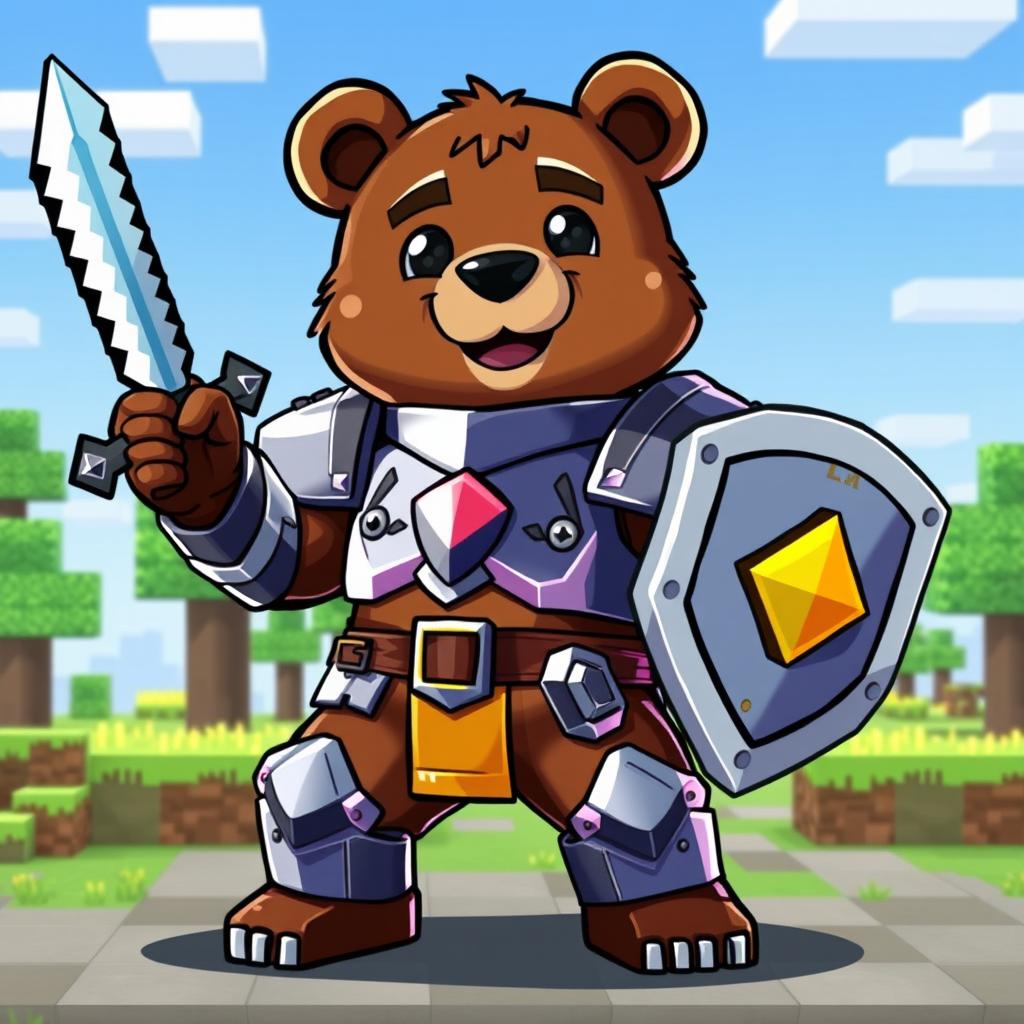 A brown bear character equipped with shiny iron armor, wielding a diamond sword in one paw and holding an animated shield in the other