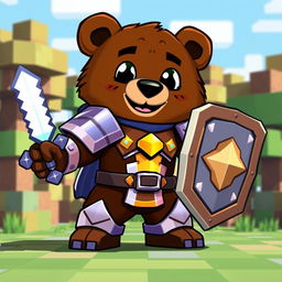 A brown bear character equipped with shiny iron armor, wielding a diamond sword in one paw and holding an animated shield in the other