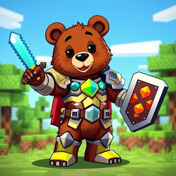 A brown bear character equipped with shiny iron armor, wielding a diamond sword in one paw and holding an animated shield in the other