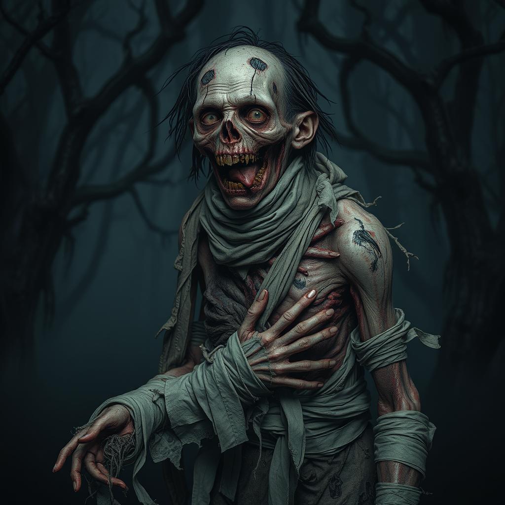 A decaying zombie peasant struggling to hold itself together with tattered bandages in a dark, eerie forest