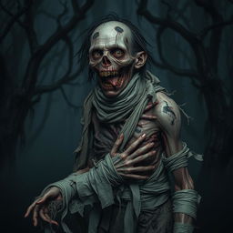A decaying zombie peasant struggling to hold itself together with tattered bandages in a dark, eerie forest