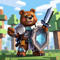 A brown bear character equipped with shiny iron armor, wielding a diamond sword in one paw and holding an animated shield in the other