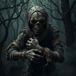 A decaying zombie peasant struggling to hold itself together with tattered bandages in a dark, eerie forest