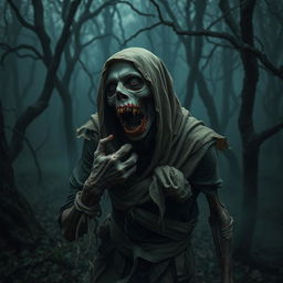 A decaying zombie peasant struggling to hold itself together with tattered bandages in a dark, eerie forest