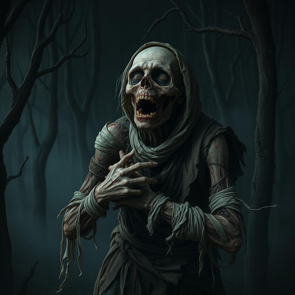 A decaying zombie peasant struggling to hold itself together with tattered bandages in a dark, eerie forest