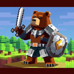 An epic brown bear wearing iron armor, wielding a diamond sword and an animated shield, designed in the pixelated style of Minecraft