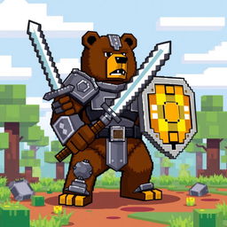 An epic brown bear wearing iron armor, wielding a diamond sword and an animated shield, designed in the pixelated style of Minecraft