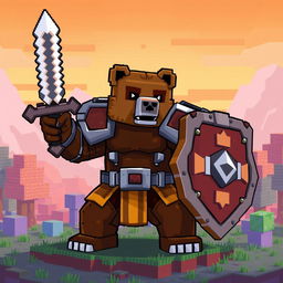 An epic brown bear wearing iron armor, wielding a diamond sword and an animated shield, designed in the pixelated style of Minecraft