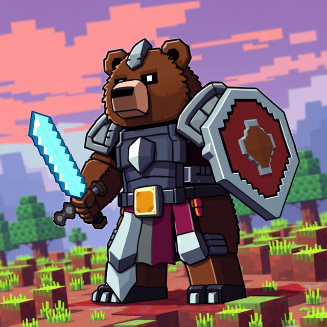 An epic brown bear wearing iron armor, wielding a diamond sword and an animated shield, designed in the pixelated style of Minecraft