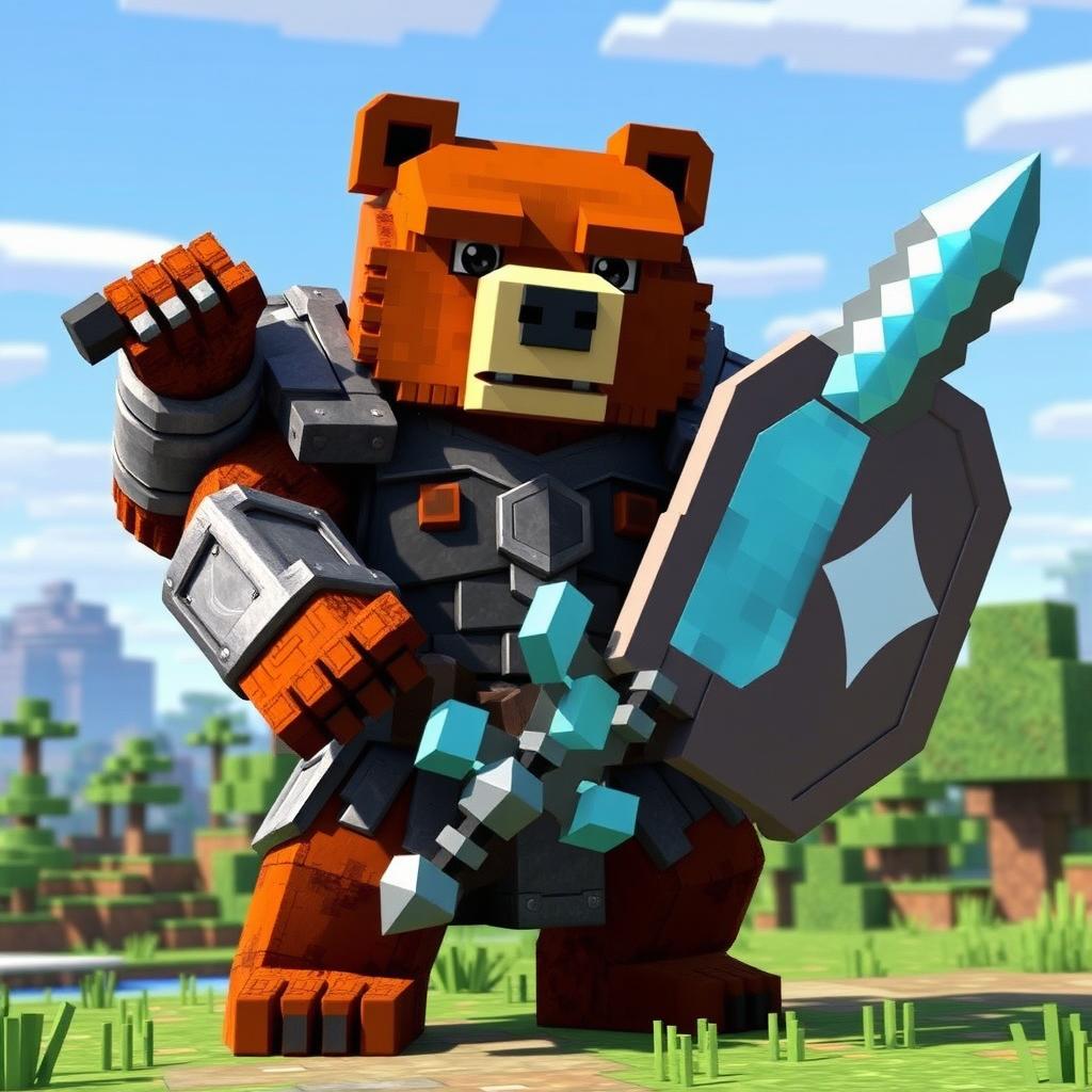 An epic brown bear wearing iron armor, wielding a diamond sword and carrying an animated shield, designed in a Minecraft style