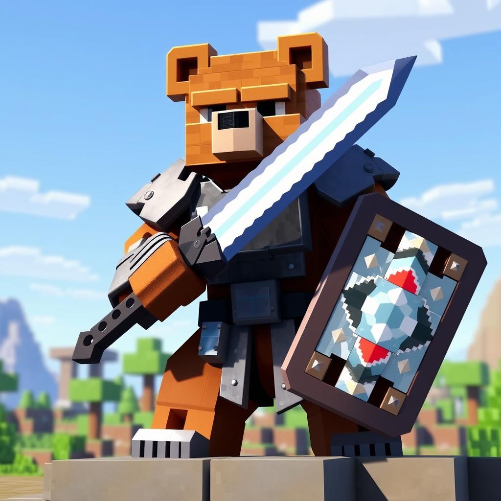 An epic brown bear wearing iron armor, wielding a diamond sword and carrying an animated shield, designed in a Minecraft style