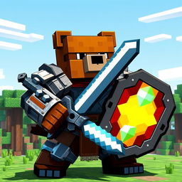 An epic brown bear wearing iron armor, wielding a diamond sword and carrying an animated shield, designed in a Minecraft style