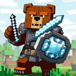 An epic brown bear wearing iron armor, wielding a diamond sword and carrying an animated shield, designed in a Minecraft style