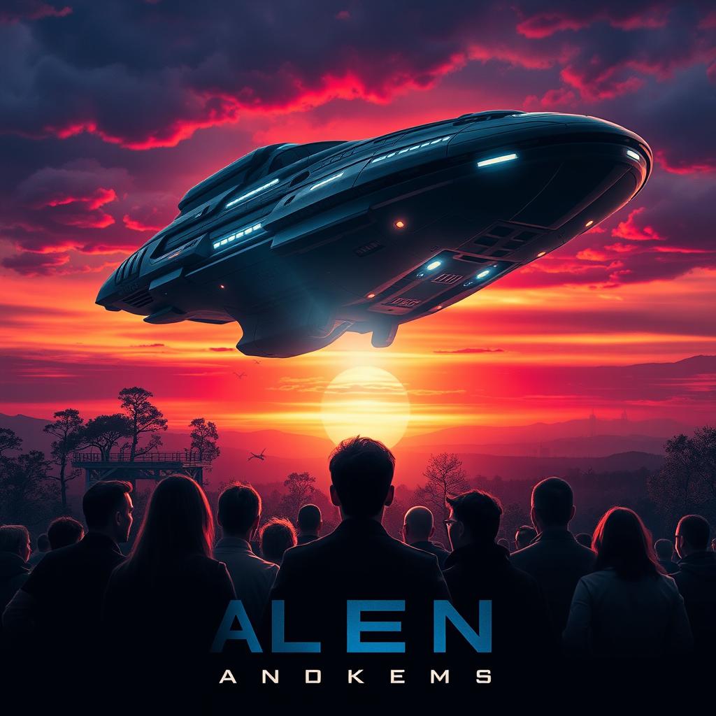 A dramatic and visually striking cinematic movie poster showcasing an alien spaceship landing on Earth