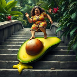 A realistic feminine avocado laying on a flight of stone stairs, with its vibrant green skin contrasting against the textured stone