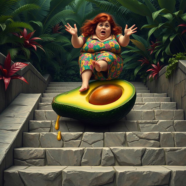 A realistic feminine avocado laying on a flight of stone stairs, with its vibrant green skin contrasting against the textured stone