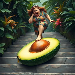 A realistic feminine avocado laying on a flight of stone stairs, with its vibrant green skin contrasting against the textured stone