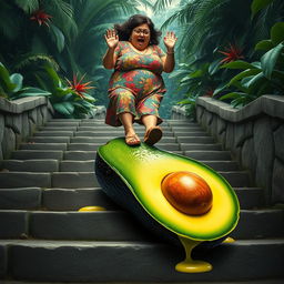 A realistic feminine avocado laying on a flight of stone stairs, with its vibrant green skin contrasting against the textured stone