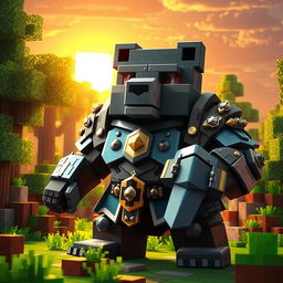 An epic armored bear designed in a blocky Minecraft style, featuring pixelated textures and vibrant colors