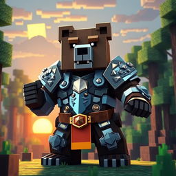 An epic armored bear designed in a blocky Minecraft style, featuring pixelated textures and vibrant colors