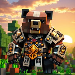 An epic armored bear designed in a blocky Minecraft style, featuring pixelated textures and vibrant colors