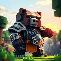 An epic armored bear designed in a blocky Minecraft style, featuring pixelated textures and vibrant colors