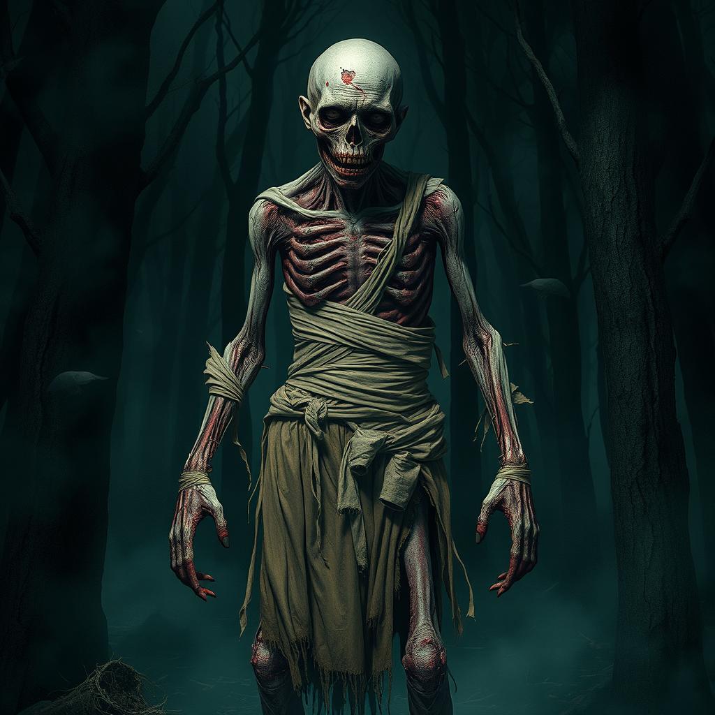 A full body image of a decaying zombie peasant standing in a dark, eerie forest, desperately trying to hold itself together with tattered bandages