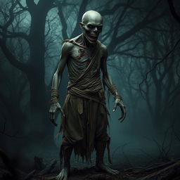 A full body image of a decaying zombie peasant standing in a dark, eerie forest, desperately trying to hold itself together with tattered bandages