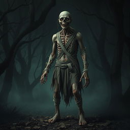 A full body image of a decaying zombie peasant standing in a dark, eerie forest, desperately trying to hold itself together with tattered bandages