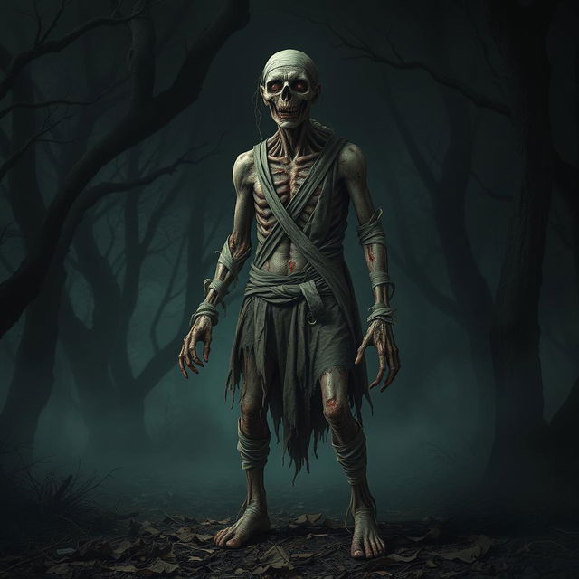 A full body image of a decaying zombie peasant standing in a dark, eerie forest, desperately trying to hold itself together with tattered bandages