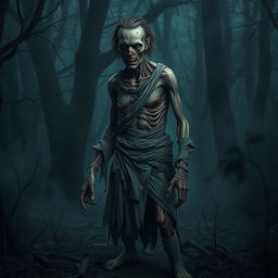 A full body image of a decaying zombie peasant standing in a dark, eerie forest, desperately trying to hold itself together with tattered bandages