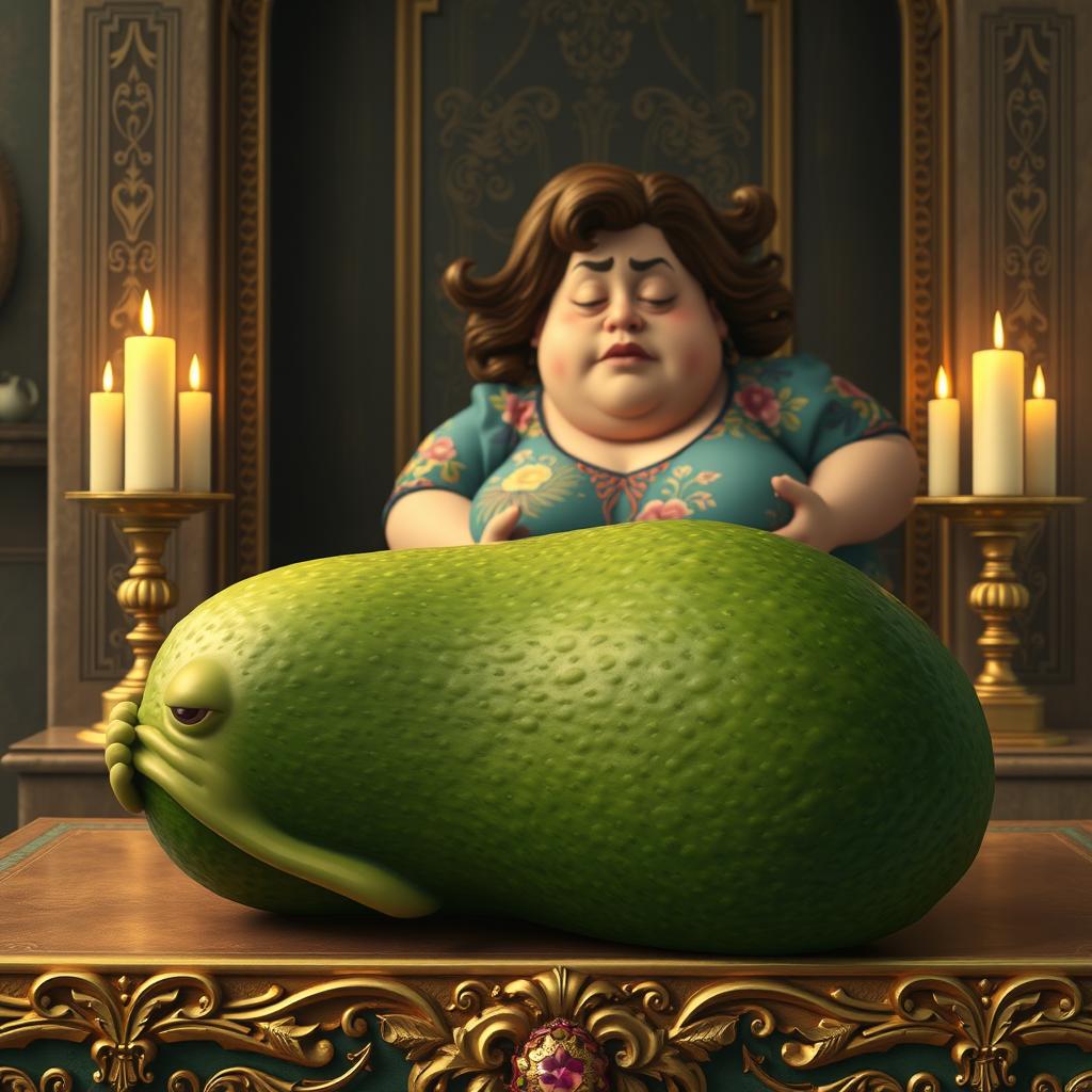 A realistic feminine avocado depicted in a serene pose, laying as if in prayer on an ornate altar