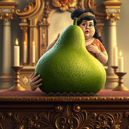 A realistic feminine avocado depicted in a serene pose, laying as if in prayer on an ornate altar