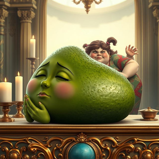 A realistic feminine avocado depicted in a serene pose, laying as if in prayer on an ornate altar