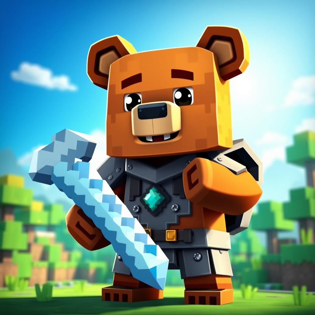 An animated brown bear character designed in the Minecraft style, equipped with a shiny diamond pickaxe and wearing sleek iron armor