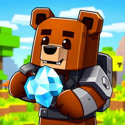 An animated brown bear character designed in the Minecraft style, equipped with a shiny diamond pickaxe and wearing sleek iron armor