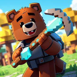 An animated brown bear character designed in the Minecraft style, equipped with a shiny diamond pickaxe and wearing sleek iron armor